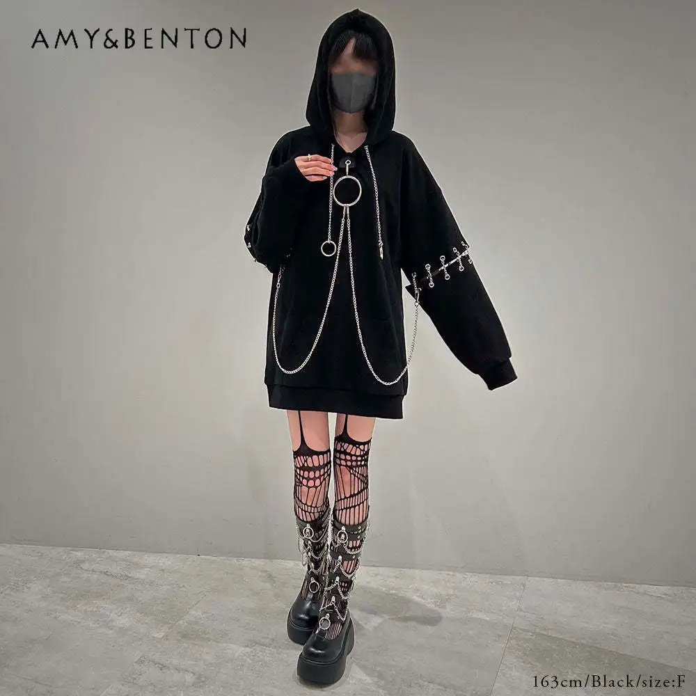 Goth Japanese Loose Mid-length Hoodies Women Street Punk Style Chain Splicing Hollow Long-sleeved Oversized Hoodie Kpop Clothes