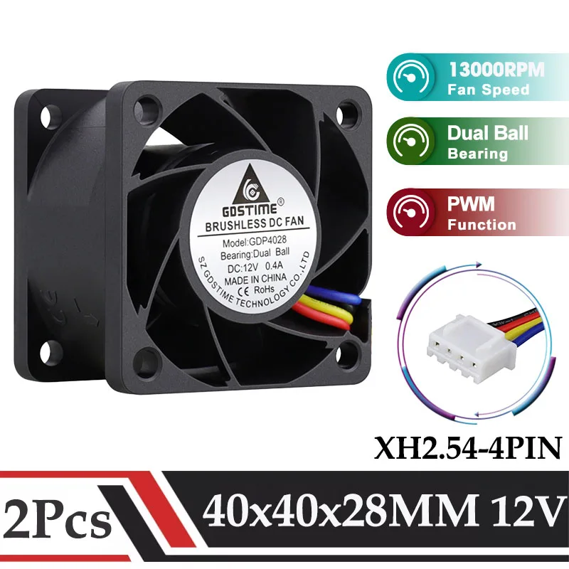 2szt GDSTIME 40mm Potężna chłodnica DC 12V 40x28MM Podwójne łożysko kulkowe Szybki wentylator serwerowy 4028 4PIN z PWM do chłodzenia AVC
