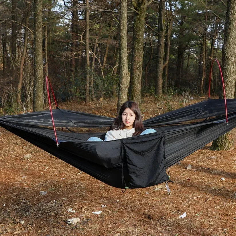 Anti-Roll Double Hammock with Zippered Mosquito Net-Push-Pull Design for Indoor/Outdoor Swing Tent Durabl Waterproof Camping Bed