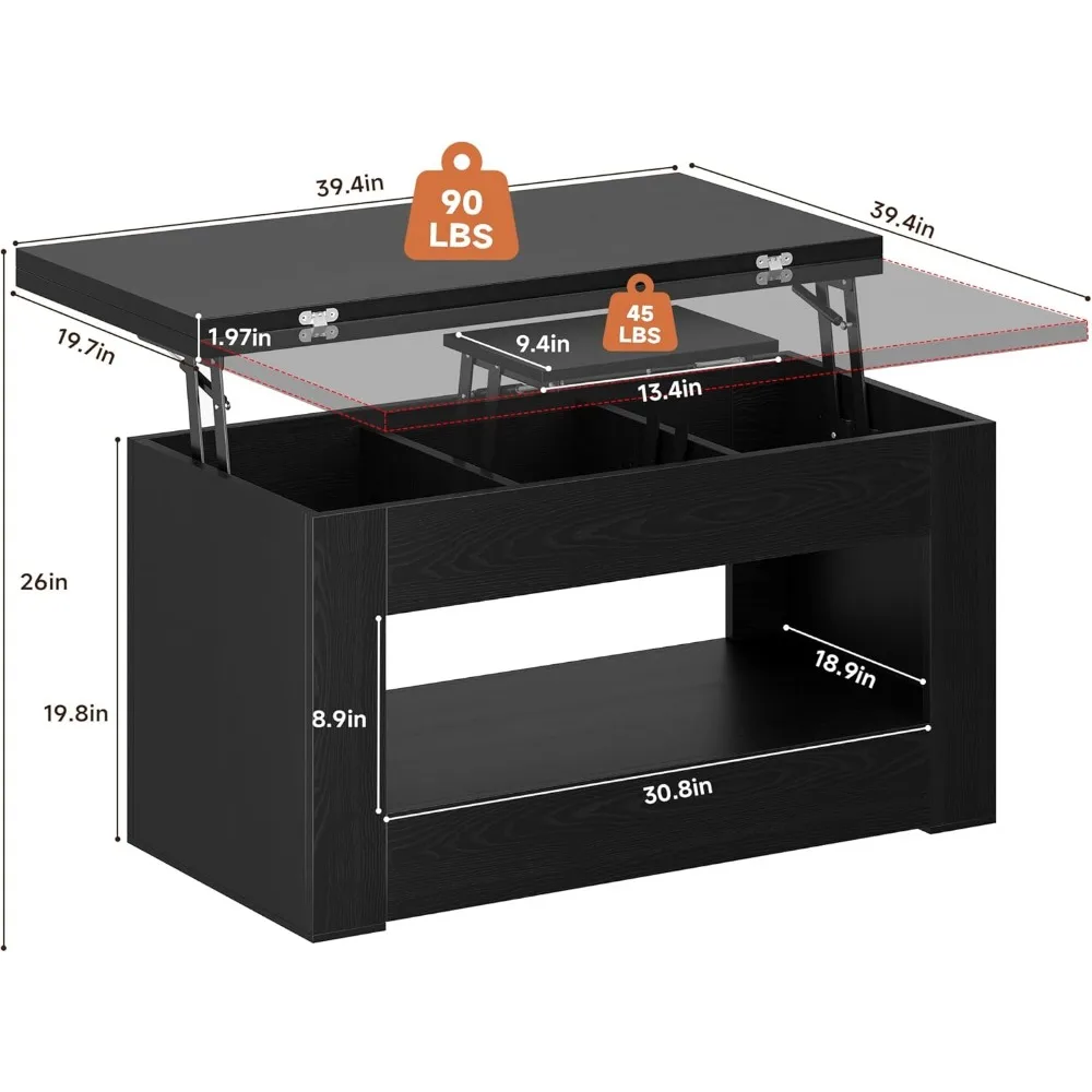 Table basse relevable de 40 pouces, tables basses élévatrices multifonctions 4 en 1 avec rangement et compartiment caché, table basse convertible
