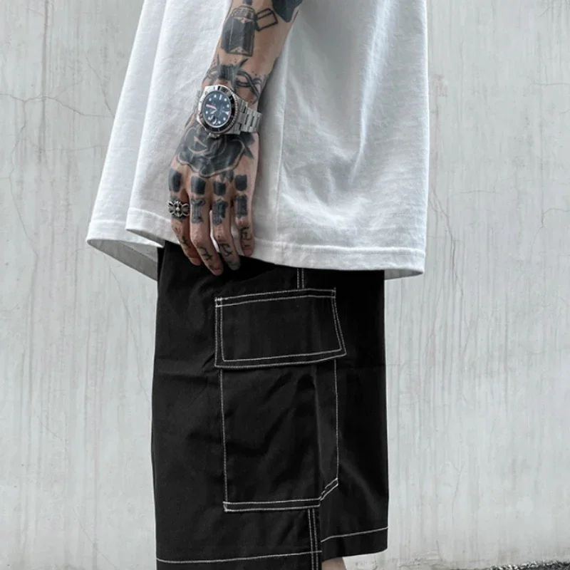 Men Shorts Summer Baggy Chic Ins Fashion Casual Japanese Style Elastic Waist Solid Trousers Design Male Harajuku Short