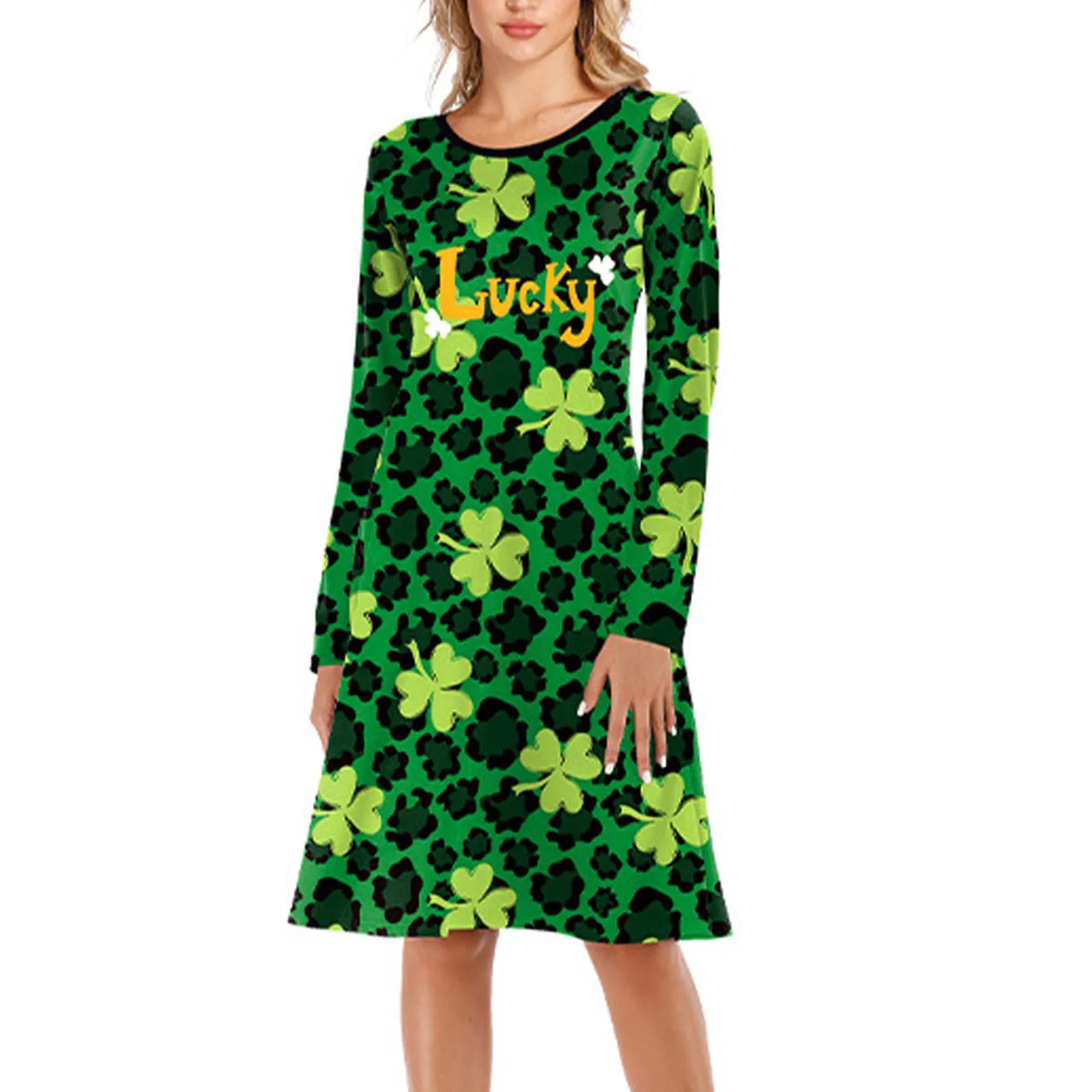 

3.17 Luck Clover Leprechauns Print Dress Ireland St. Patrick's Day Long Sleeve Green Dresses 2024 Carnival Festival Short Dress