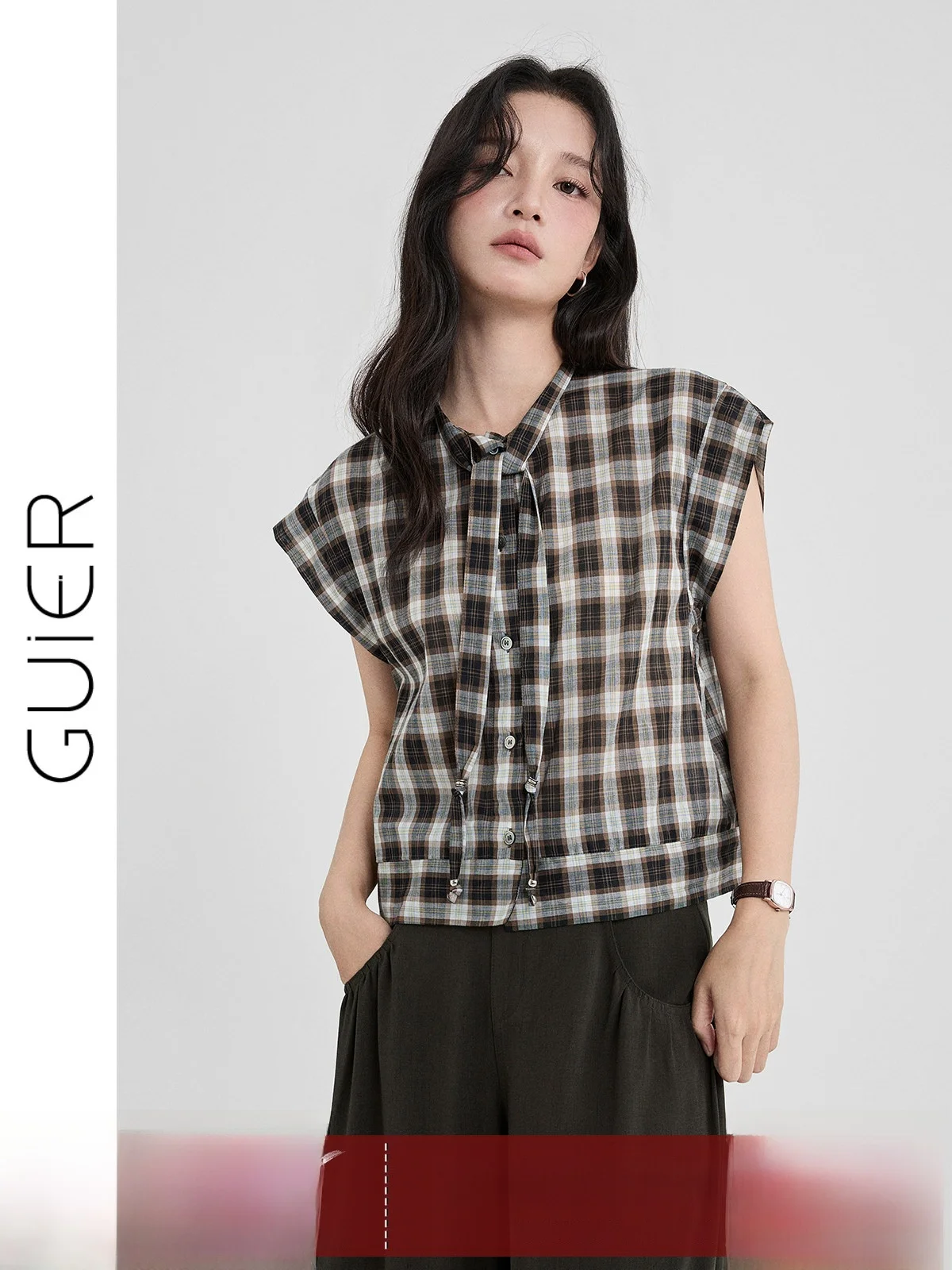 

Pure Cotton Plaid Shirt Women's Summer 2026 New Stand Collar Tie Loose Slimming Retro Shirt Casual Style Loose Fit Breathable