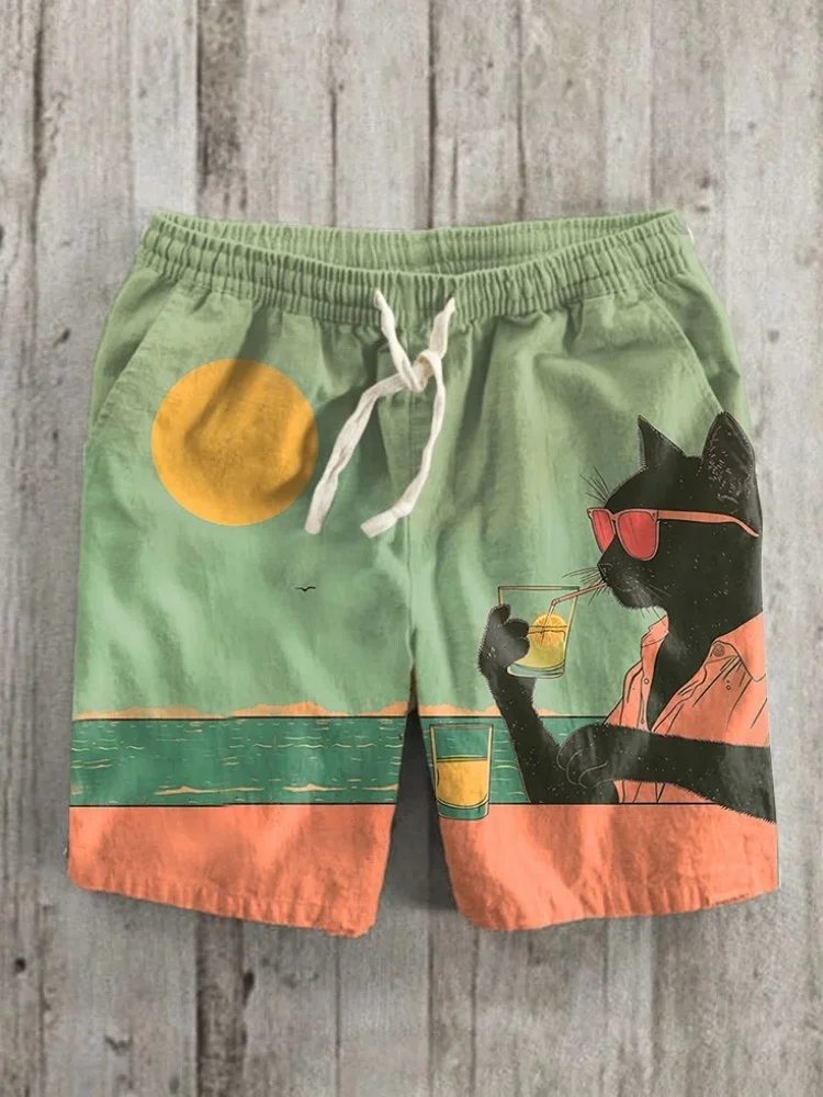 

Мужские пляжные шорты 2021, летние ленивые праздничные шорты с черным котом и художественным принтом, модные шорты в японском стиле, забавная шикарная мужская одежда, нижняя часть