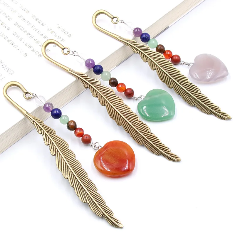 Chakela Colored Crystal Agate Love Hanging Feather Bookmark Souvenir Reiki Semi-precious Stone Stationery DIY Learning Supplies