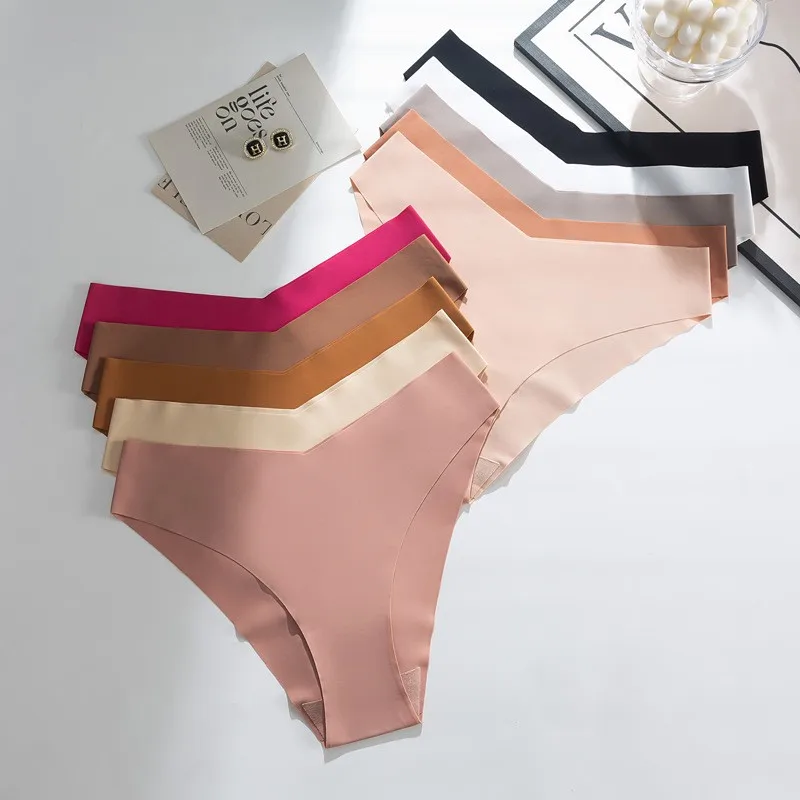 ملابس داخلية نسائية بدون خياطة من الحرير الجليدي مكونة من 3 قطع، سراويل داخلية مثيرة عميقة على شكل حرف V منخفضة الخصر ناعمة بلون سادة ورقيقة للغاية بدون خياطة #1