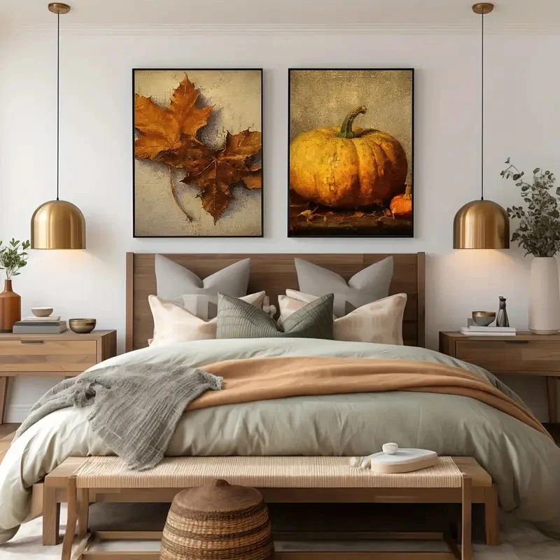 

2pcs/set Retro Warm Autumn Art Canvas Poster, Warm Printed Pumpkin Fallen Leaf Patterns Picture Wall Decoration, Home Decoration