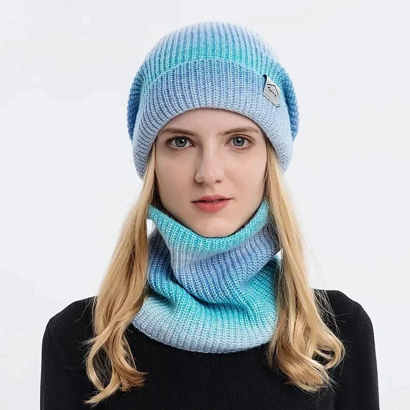 Winter Women Beanies Snood Sets Gradient Color Knitted Hat Warmer Fashion Outdoor Windproof Thicken Tie Dye Scarf Hat For Women