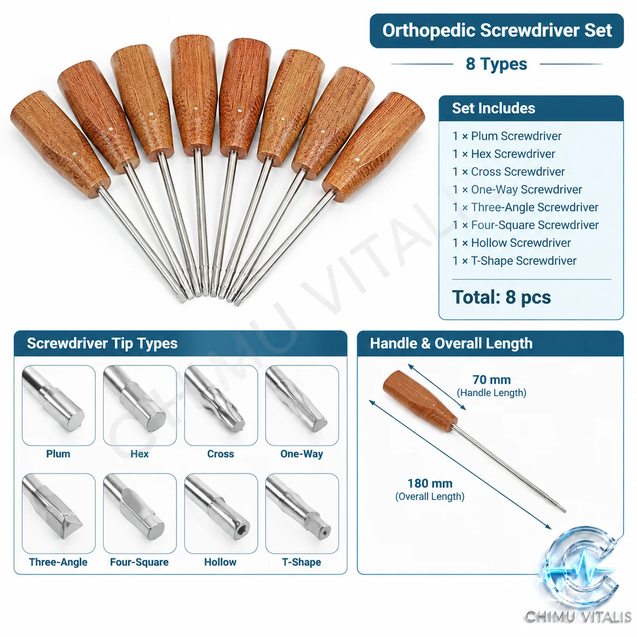 【CHIMU VITALIS】 Screwdriver Hollow Multi Tip Hex Square Triangular Cross Slot Stainless Steel Instrument