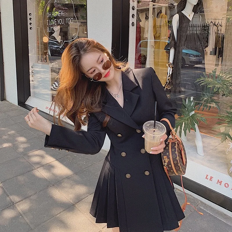 

Korean Style Pure Desire Maturity Wind Double Button Suit Dress Women Spring Autumn Gored Skirt High Waist PVC Fabric Long Sl...