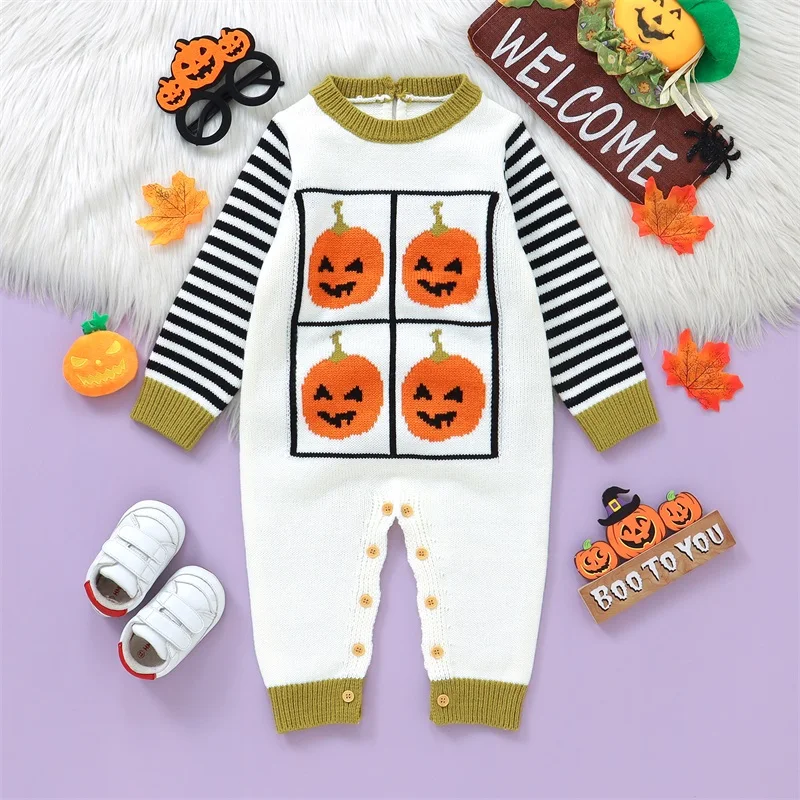 

Baby Boy Girl Halloween Romper Pumpkin Striped Crew Neck Long Sleeve Knitted Jumpsuit for Fall Winter