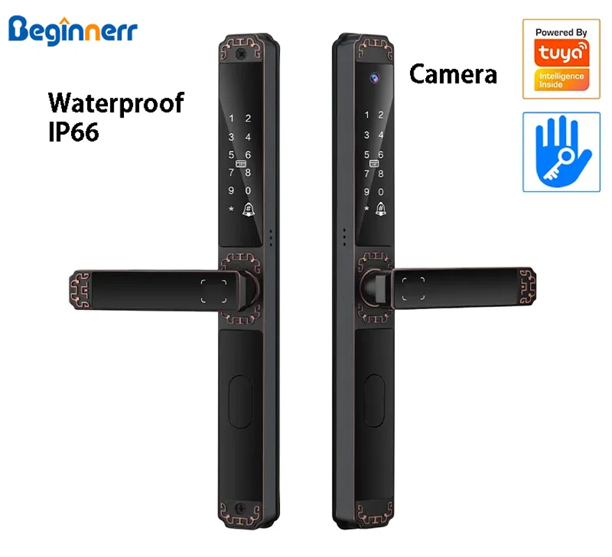 Camera Peeohole Double side Fingerprint Aluminium door lock Euro 85 92 mortise Waterproof IP66 Tuya Wifi Smart door lock