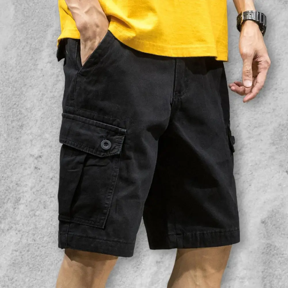 Multi Pockets Button Flying Summer Shorts Mid Rise Solid Color Straight Cargo Shorts Streetwear