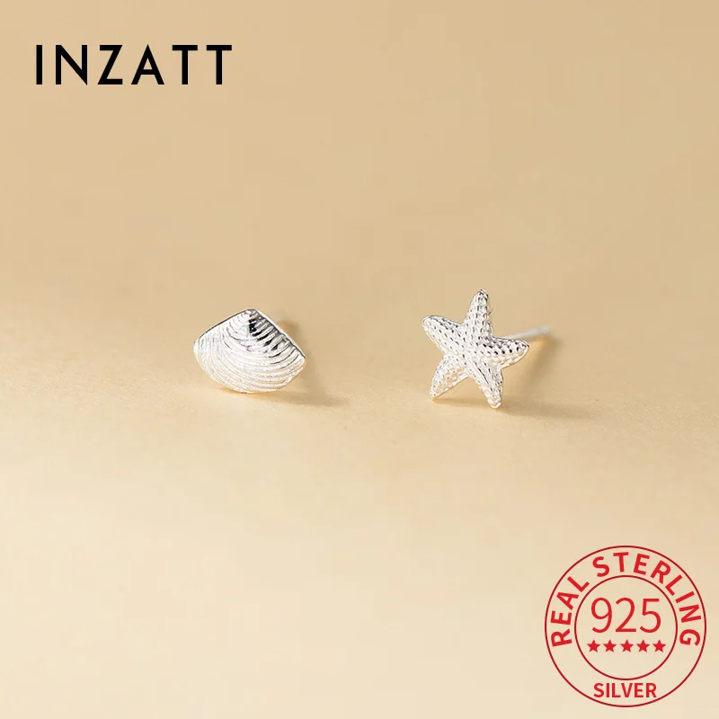 

INZATT Real 925 Sterling Silver Asymmetric Starfish Shells Mini Stud Earrings for Women Classic Fine Jewelry Animal Accessory