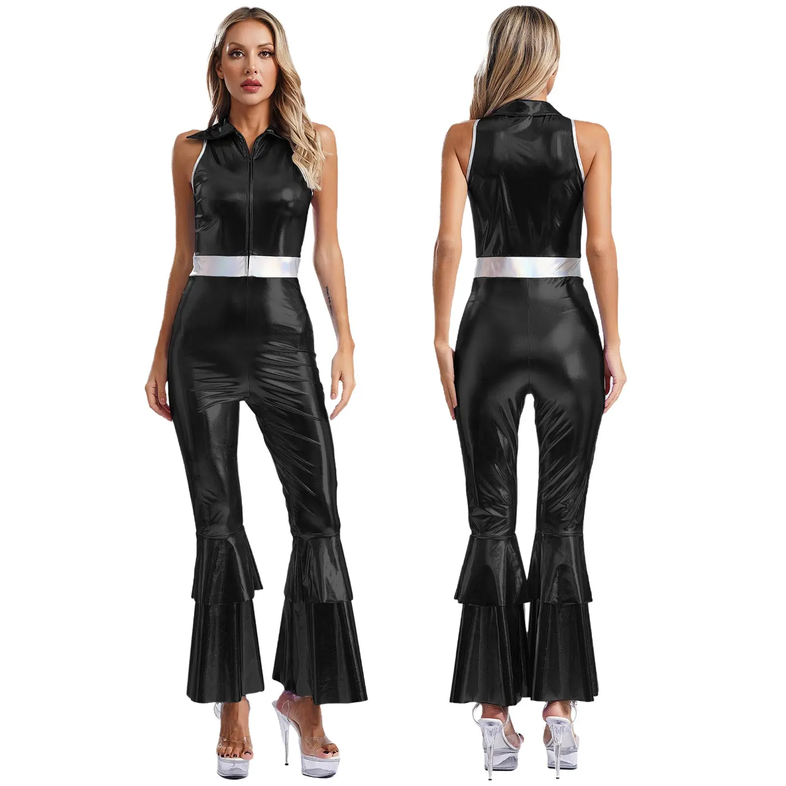 Shiny 70s 80s Costume for Womens Halloween Vintage Cosplay Disco Dance Romper Full Body Lapel V Neck Long Sleeve Flared Jumpsuit