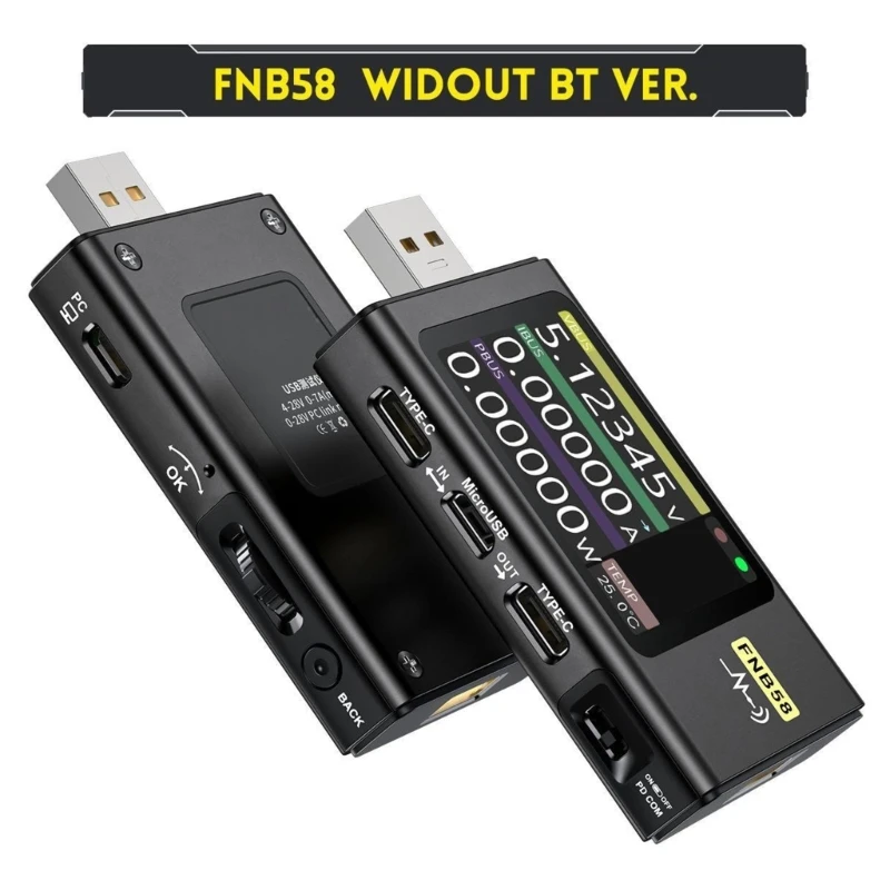 FNB58 แบบพกพา USB แรงดันไฟฟ้าและเครื่องทดสอบกระแสไฟฟ้าพร้อมหน้าจอ LCD ขนาด 2 นิ้ว,