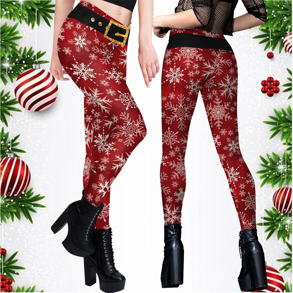 Zawaland Red Leggings Women\'s Belt Mid Waisted Workout Christmas Elk Snowflakes 3D Printing Leggins Printed Fitness Leggings