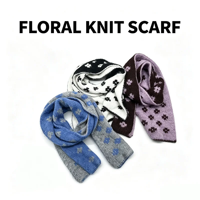 Double Sided Floral Knit Fluffy Scarf Women Korean Lazy Style Thick Warm Neck Warmer Casual Winter Shawl