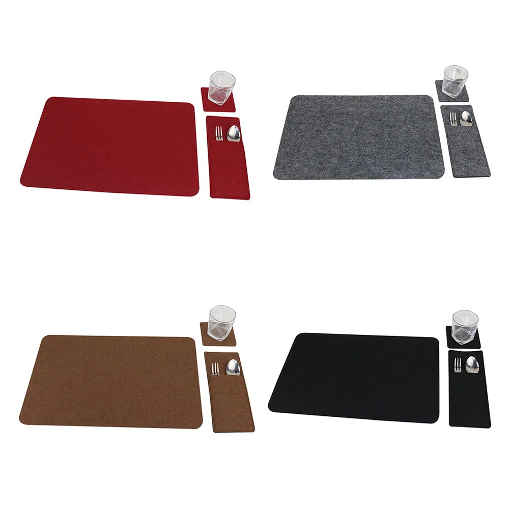 

6Sets Felt Placemats Dining Mats Coaster Fork Bags Heat Resistant Table Mat Grey Dining Table Decoration Felt Placemat