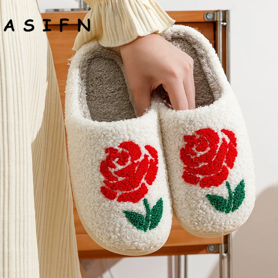 Rose Pattern Romantic Love Women Slippers Valentine's Day Gift Embroidery Fuzzy Comfy Bedroom Winter Cotton Home Girls Shoes