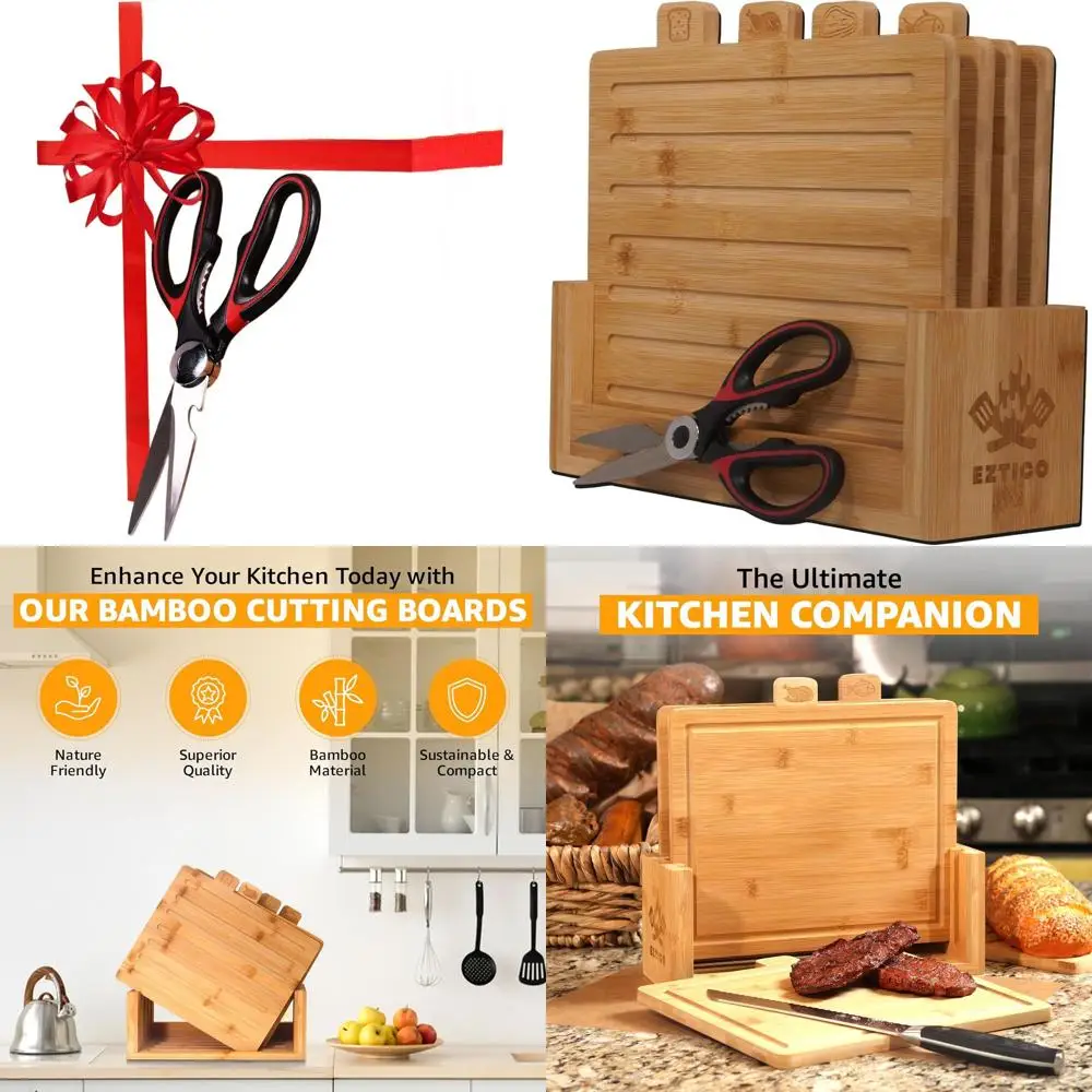 

Набор бамбуковых досок премиум-класса с 4 предметами и ножницами без BPA для кухонных принадлежностей, 2025 г.