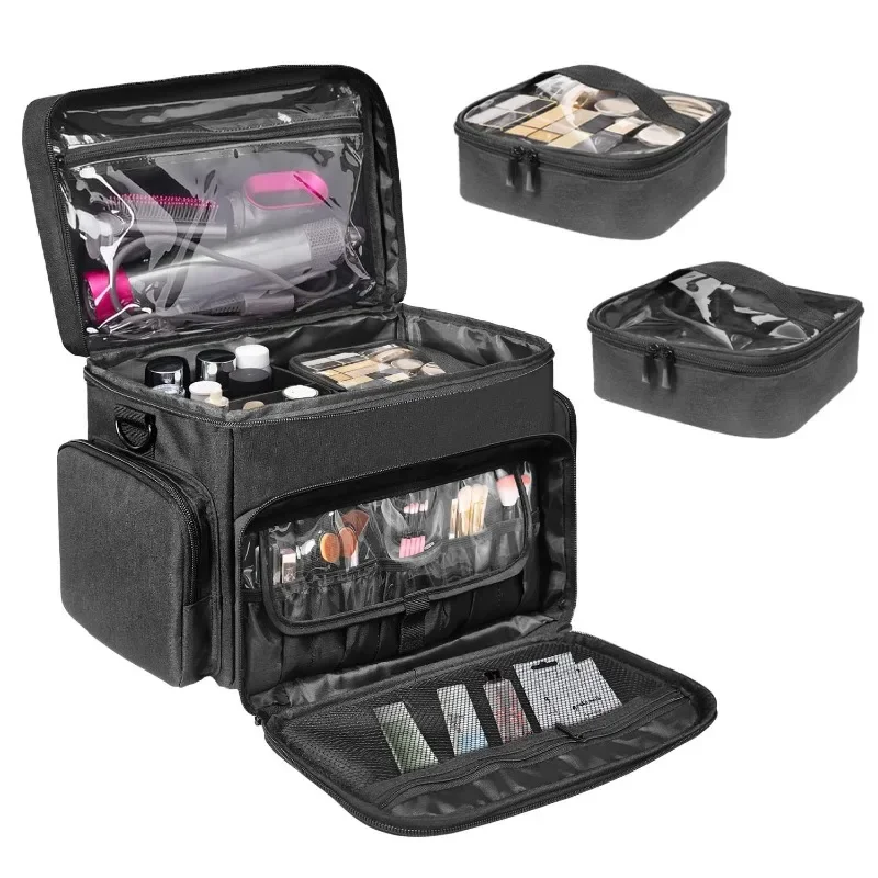 

Travel cosmetic bag, with detachable inner pockets and compartments, and a storage bag for hair care products