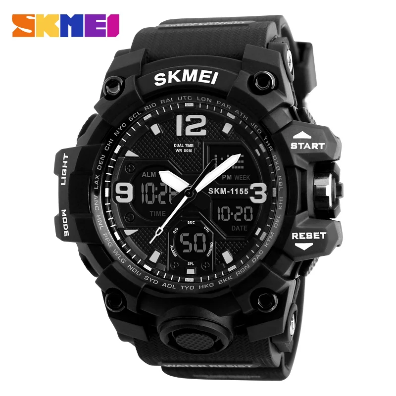 SKMEI 1155B Mens Digital Military Watch Waterproof Dual Display Timing Electronic Watch Anti Shock LED Display reloj hombre 1637
