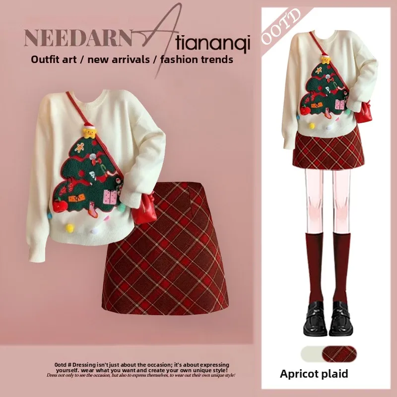 

Cisas Knitted Sweater And Plaid Skirt Set High Waist Slimming Trendy Lazy Sle Anti-Aging Winter Faion Women's En...