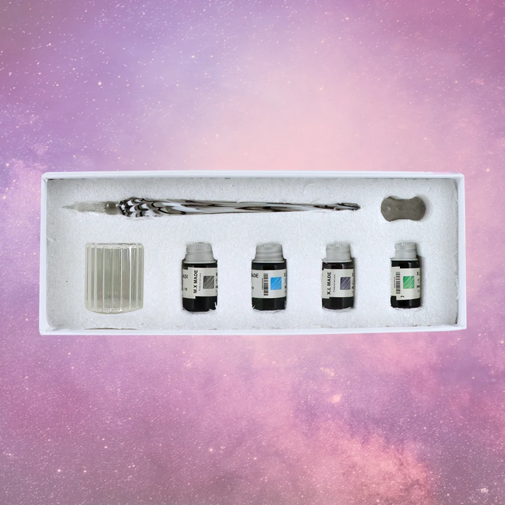 Conjunto de canetas de mergulho de vidro manchado 4 cores tinta retrô conjunto de canetas de assinatura criativa presente