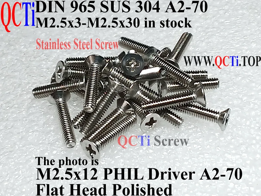 DIN 965 مسامير الفولاذ المقاوم للصدأ M2.5x3 M2.5x4 M2.5x5 M2.5x6 M2.5x8 M2.5x10 M2.5x12 فيل سائق شقة رئيس A2-70 مصقول 50 قطعة