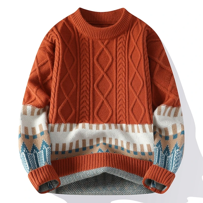メンズツイストパターン厚手プルオーバー、パッチワークセーター、ルーズニットセーター、Oネック、厚手のボトム、秋、冬、2022