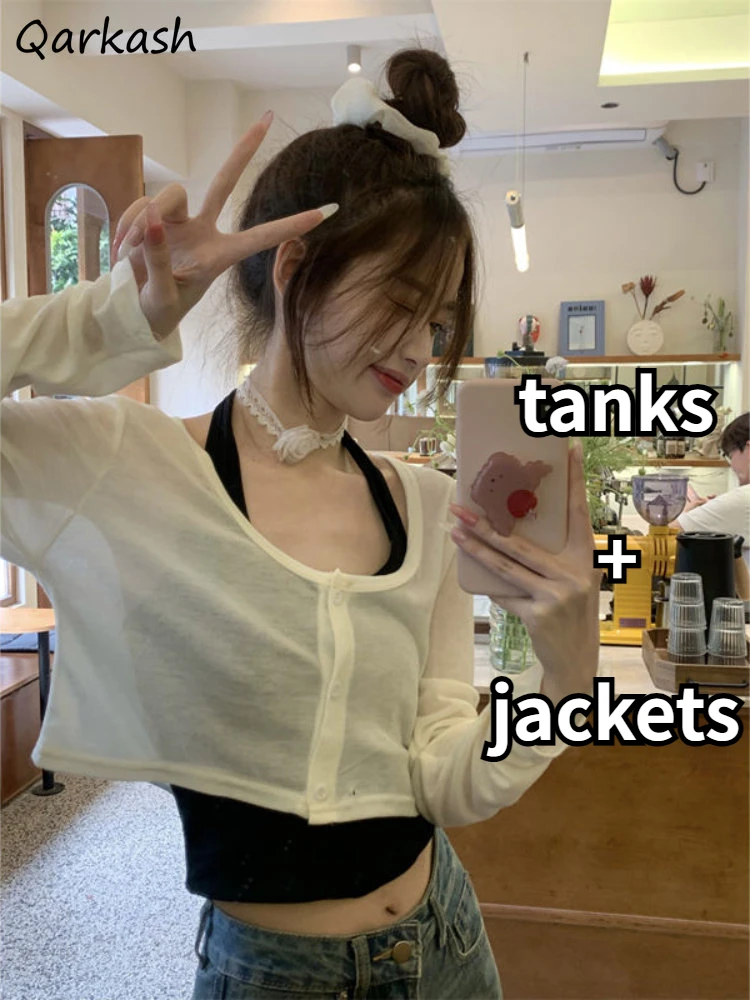 2 Pcs Sets Women Halter Solid Tanks Crop Sun-proof Jackets Fashion Hotsweet Students Casual Tender All-match Ulzzang Summer Chic