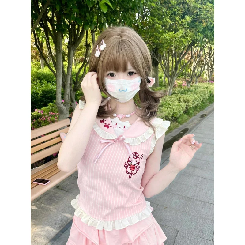 

Japanese Sailor Collar Embroidery Crop Top - 2025 Striped Summer T-Shirt for Kawaii Girls
