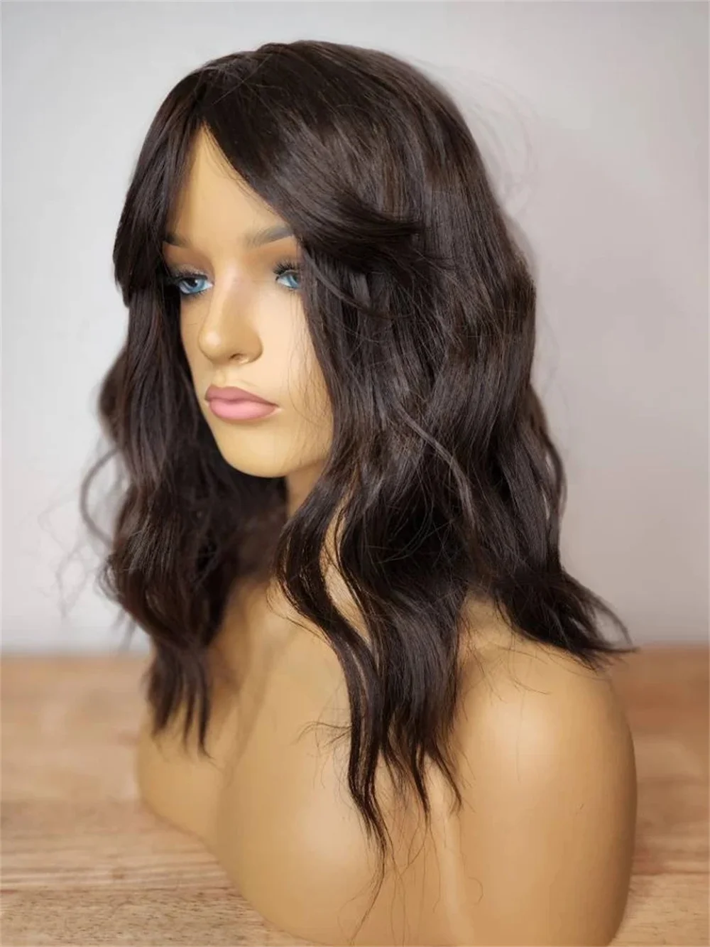 Premium Fiber Full Bangs Wig with Lace Front Dark Brunette Highlighted Colored Hair High Quality Synthetic Wig for Women Daily