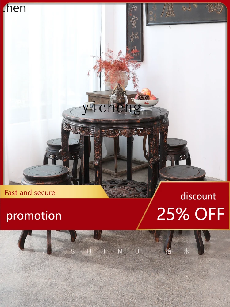 

YFY Crescent Table Solid Wood Antique Dining Table and Chair Set for Tea Drinking