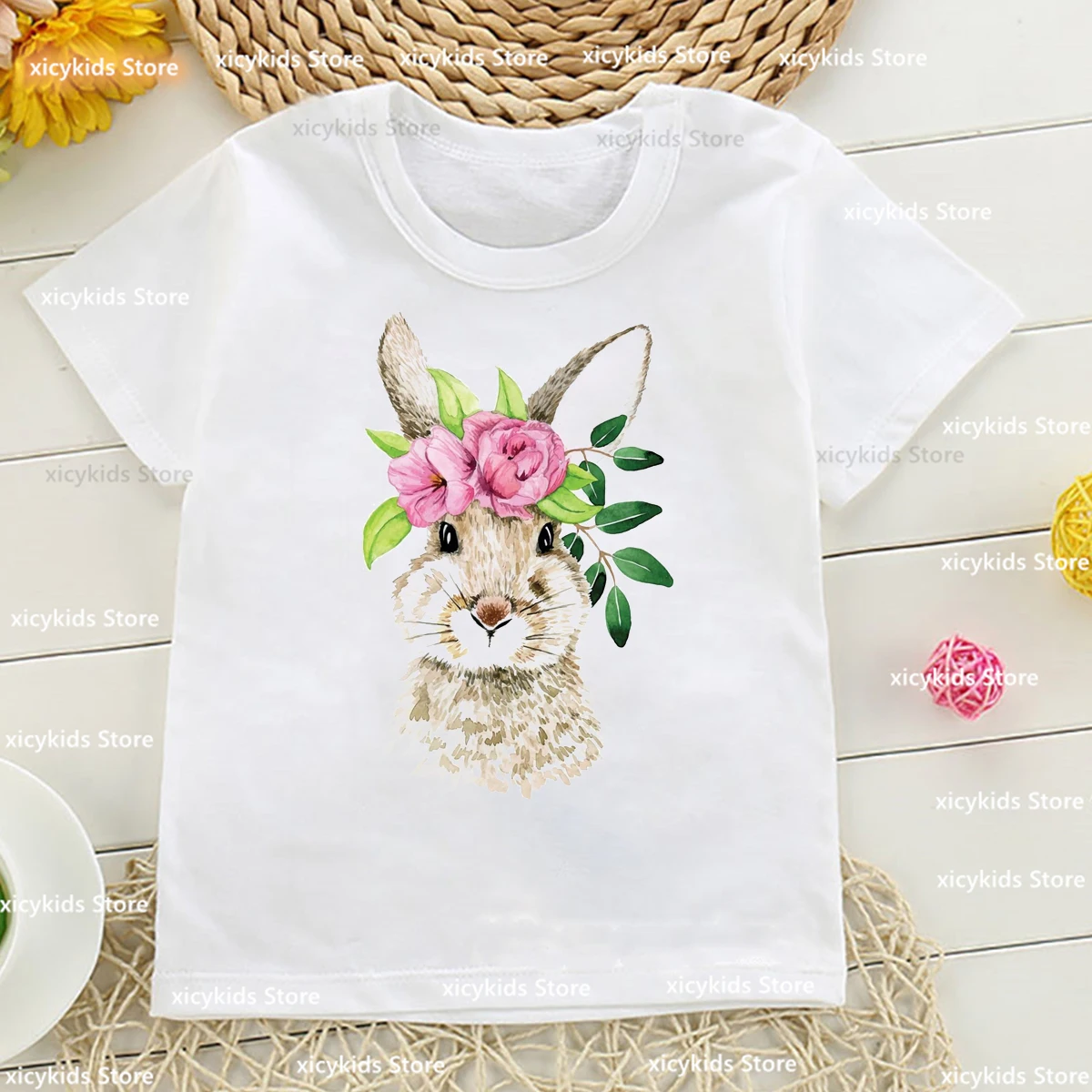 

Kawaii Girls T-Shirt Cute Watercolor Flower Rabbit Animal Print Kids Tshirt Fashionable Harajuku Girls Clothes 1-13 Years Old