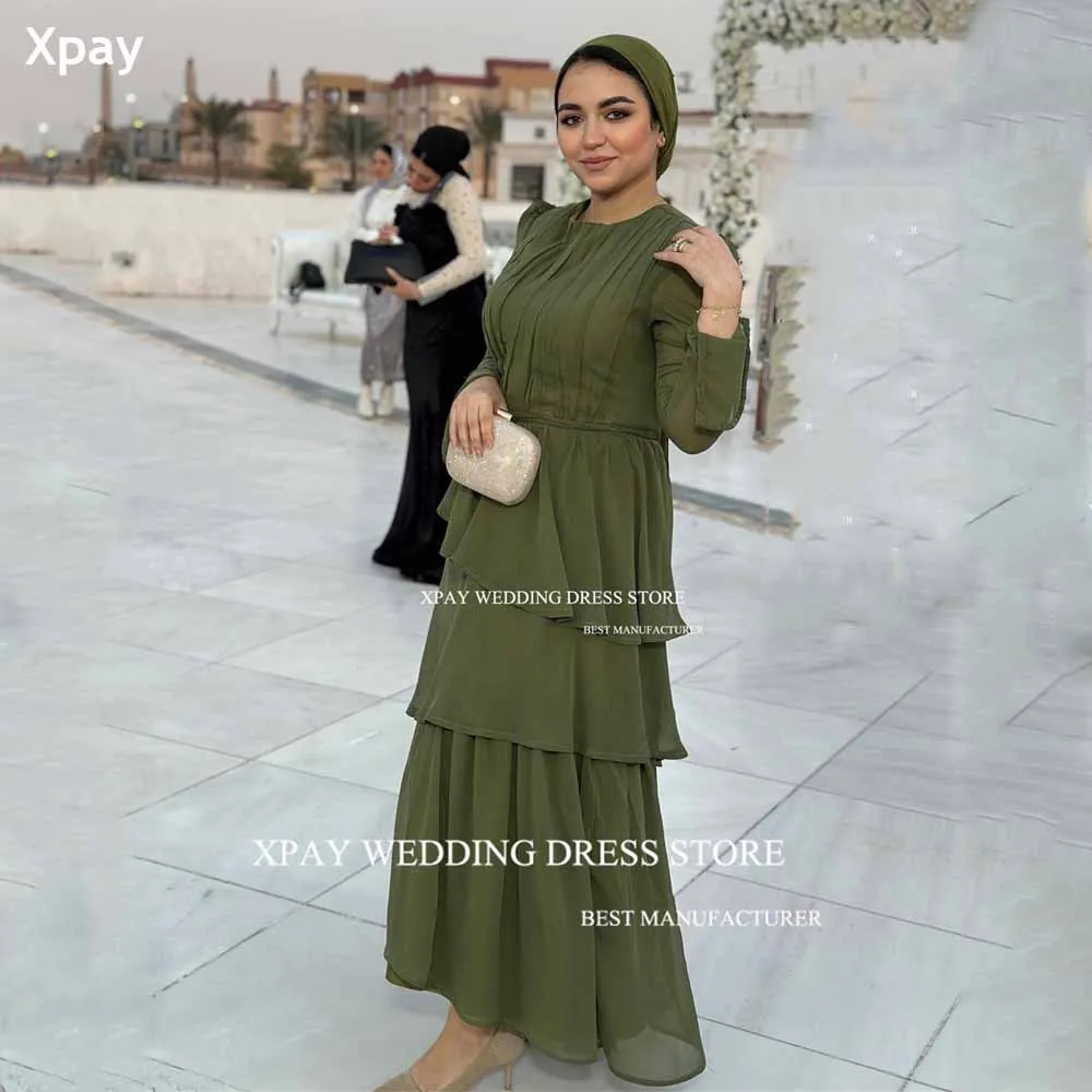 

XPAY O Neck Long Sleeve Evening Dresses Muslim Arabic Chiffon A Line Prom Gowns Beading Special Occasion Dress Tiered Party Gown