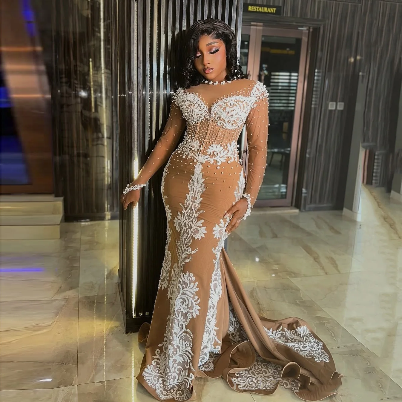 Luxury Mermaid Party Dress Aso Ebi Long Prom Dresses Applique Illusions Sheer Full Sleeves Evening Gowns with Beaded  Pearls