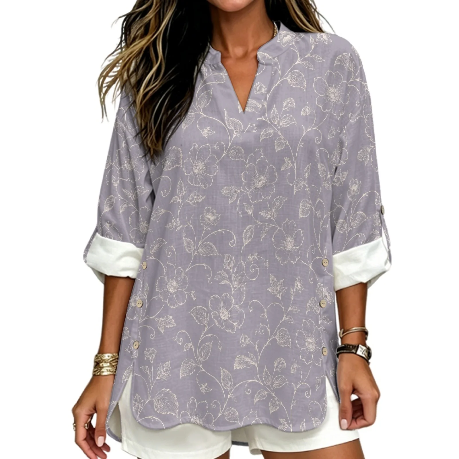 PENSTROLL Cream Floral Sketch Pattern Stylish Long Sleeve Shirts for Women for Work Linen Like Long Sleeve Blouse Sizes S-5XL