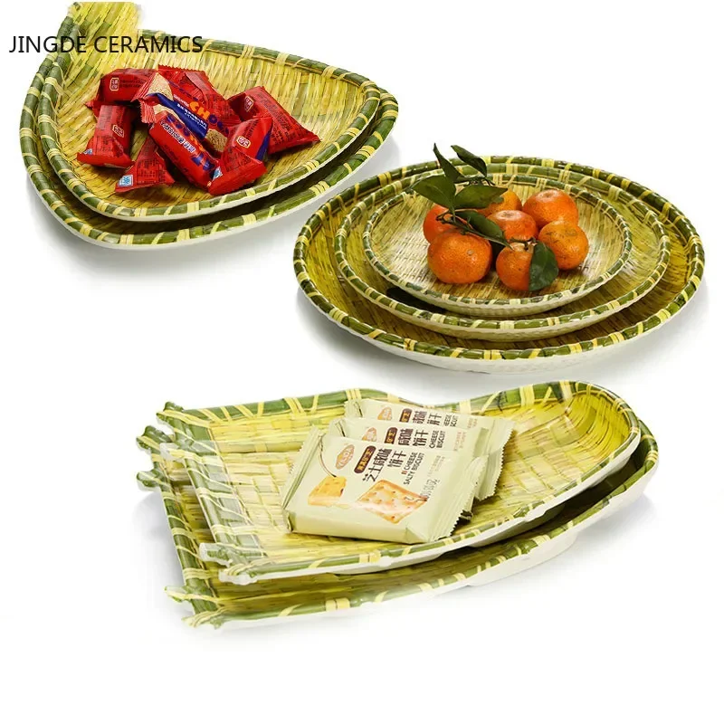 Creative bamboo weaving dustpan plate thick special-shaped rattan handmade straw designer model house fruit snack plate bowl