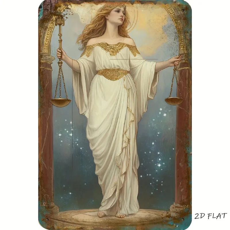 Goddess of Justice Aluminum Wall Decor, Vintage Legal Art with Scales & Sword, Elegant Lady Justice Metal Poster, 2D Flat