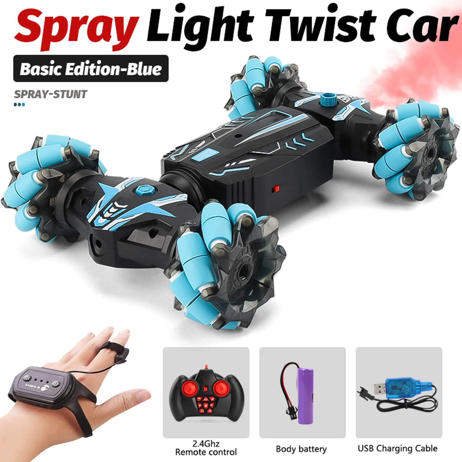 RC Stunt Car 4WD 2.4GHz Watch Gesture Sensor Control Deformable Car All-Terrain Auto-demo for Kids with Spray Light Music