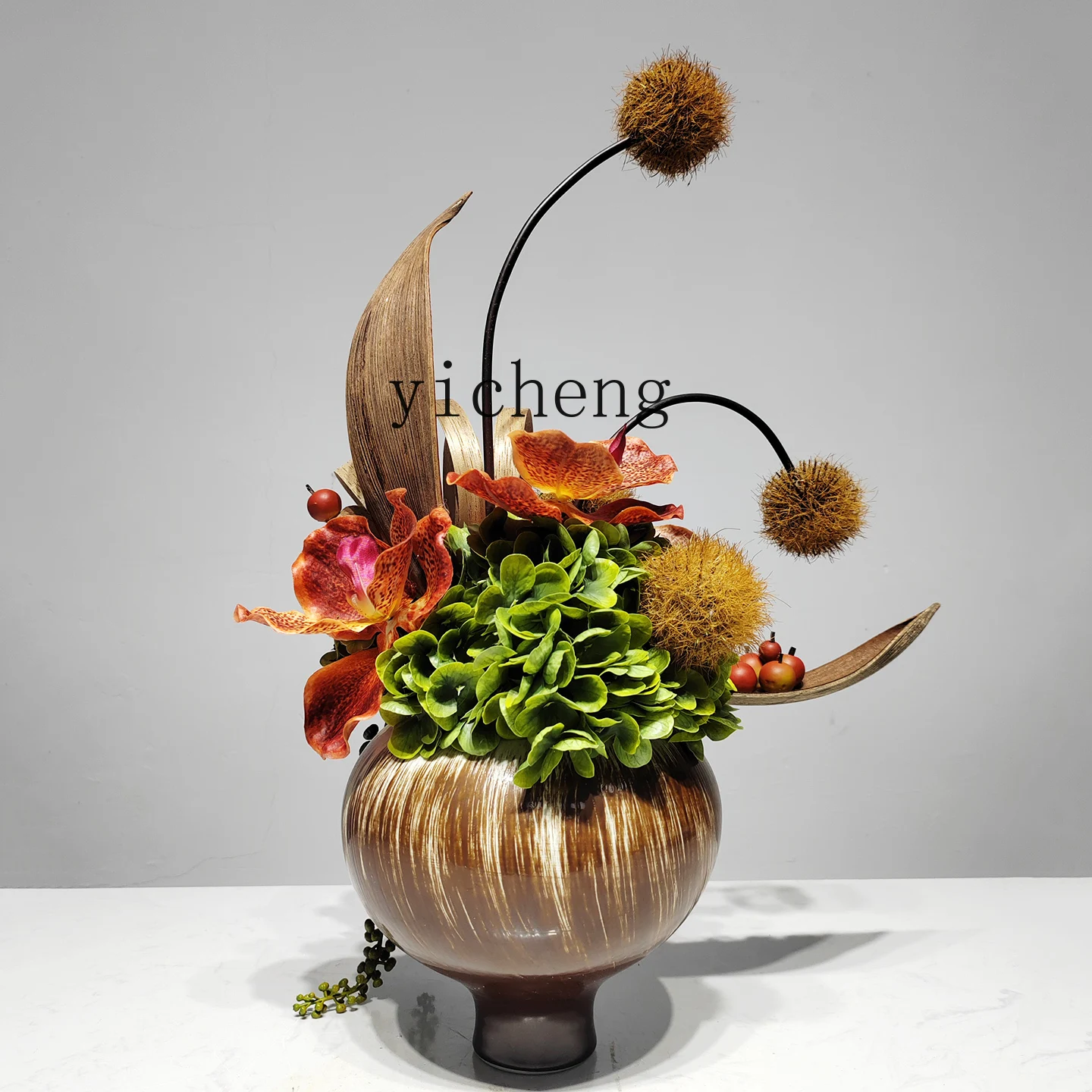 L7-8 New Chinese Creative Ceramic Vase Simulation Flower Art Ornament Green Plant False Flower Ornament