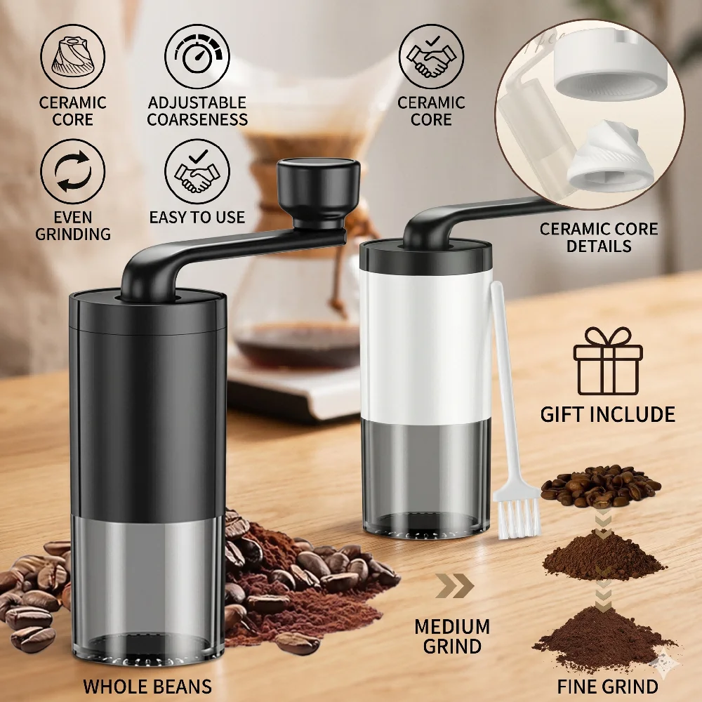 Manual Coffee Grinder Ceramic Burr Bean Mill Double Bearing Adjustable Hand Crank Portable Espresso French Press Barista Tools