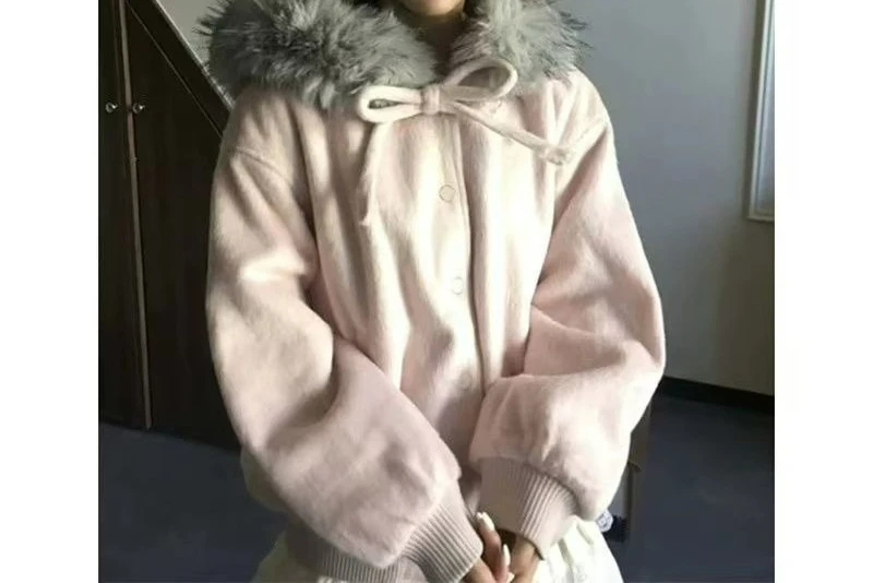 

Bow Strap Fur Collar Hooded Woolen Short Coat Women's Autumn and Winter Loose Sweet Pink Top