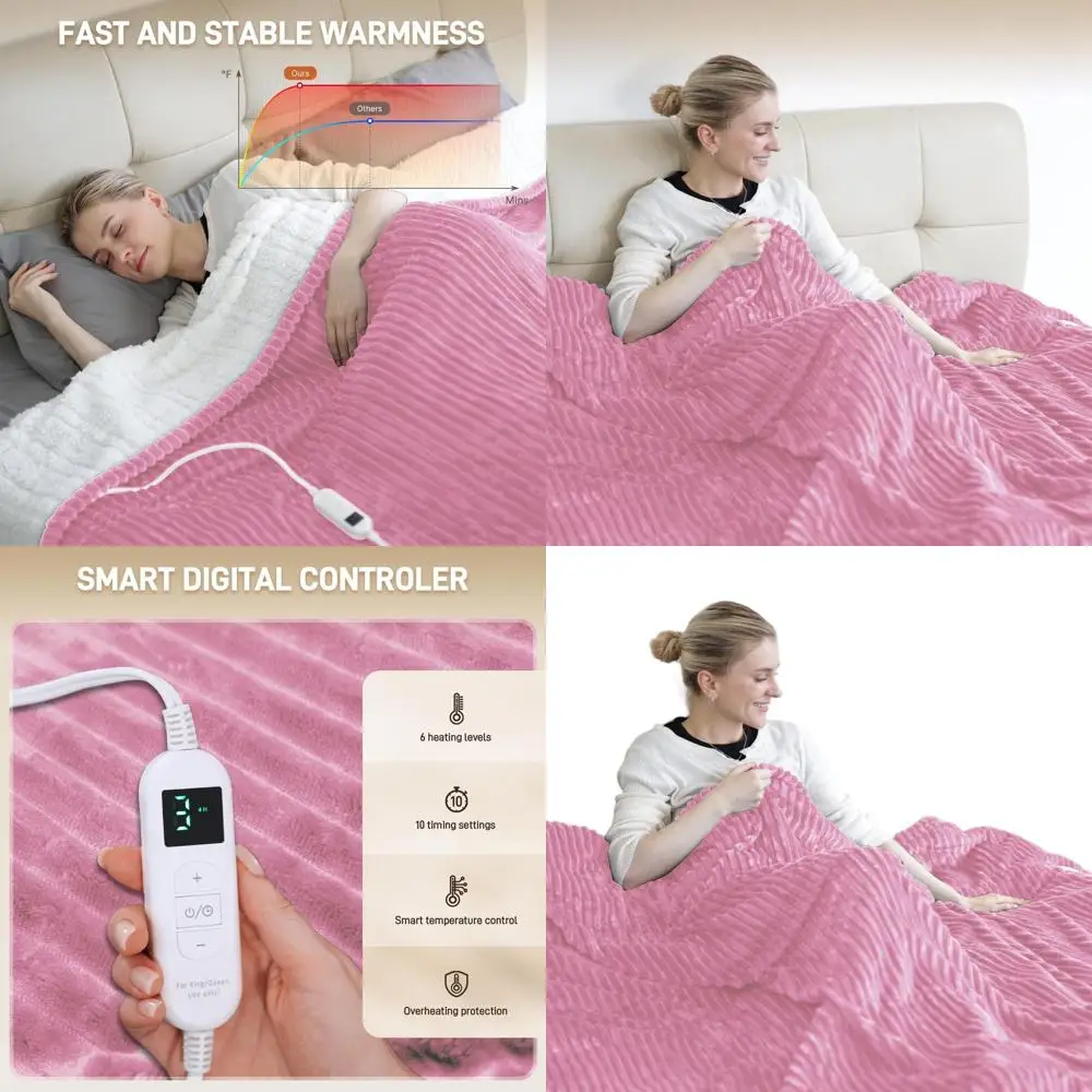 

Queen Size 84x90 Electric Flannel Blanket with 10 Timers, 6 Heat Levels, Washable, Overheat Protection (Pink)