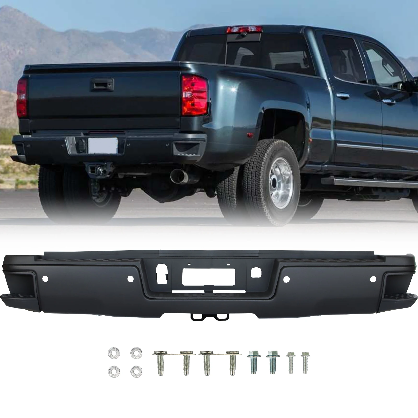 

For 15-19 Silverado Sierra 2500 3500 Black Rear Step Bumper w/ Sensor Holes