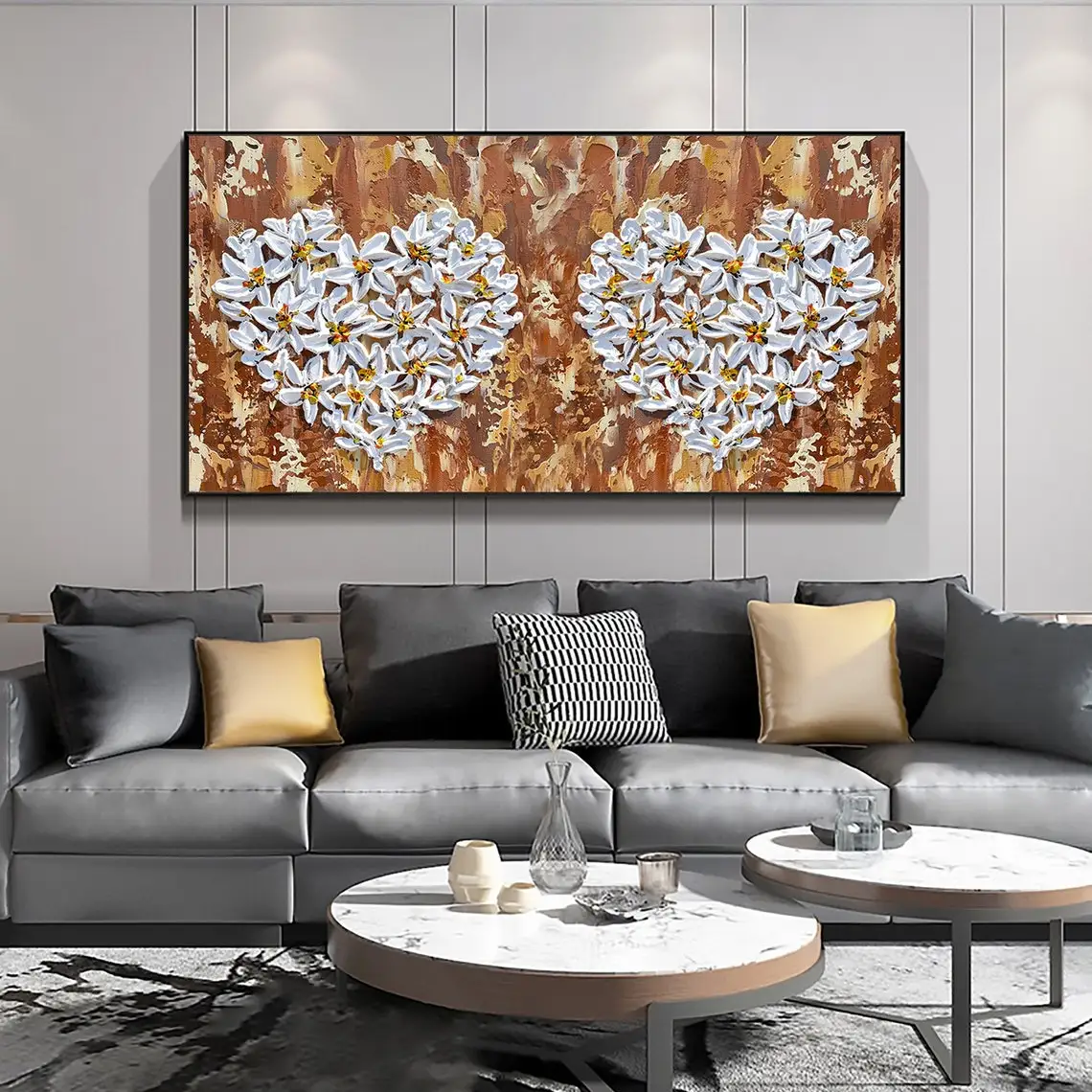 Large Heart Shape Blossom Oil Painting on Canvas Hand-Painted Abstract Acrylic White Love Flower Painting Living Room Wall Art