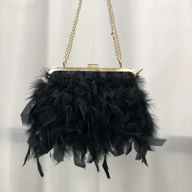 Ostrich Feather Tassel Clutch 2023 Autumn Winter Wedding Party Evening Bags For Women Fashion Luxury Clutches Chain Shoulder Bag