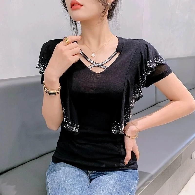 

2026 Summer New Versatile Women T Shirt Fashionable Sexy Hollow Out Heavy Work Rhinestone Ruffle Slim Fit Slimming Top